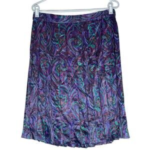 Vintage 90s Satin Pleated Purple Paisley Knee Length Skirt Large Retro Career